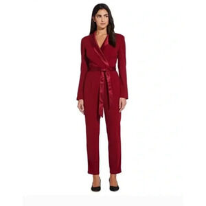 Adrianna Papell Womans Red Satin and Crepe Tuxedo Jumpsuit Size 10 Holiday Party